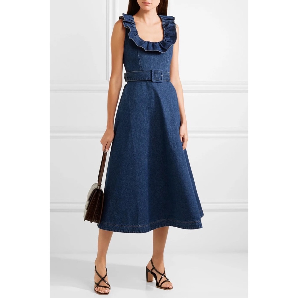 CO Ruffled Square-Neck Denim Midi Dress in Dark Blue